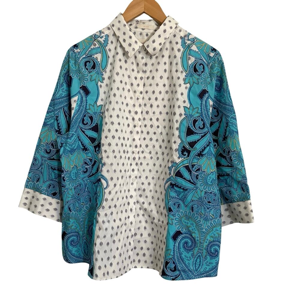 Chico’s Non Iron Button Down Shirt Paisley Women’s Size XL / 16 Western Colorful